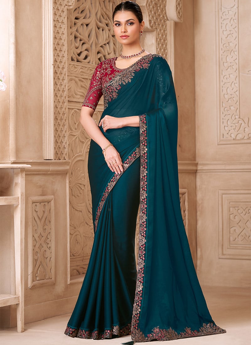 Peacock Blue Satin Embroidered Sequins Saree Wedding Wear