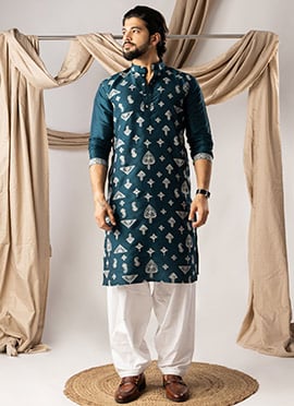 Peacock Blue Silk Embroidered Kurta Pyjama For Men