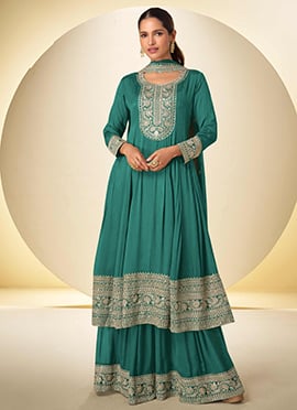 Peacock Green Chinon Embroidered Sequins Palazzo Suit