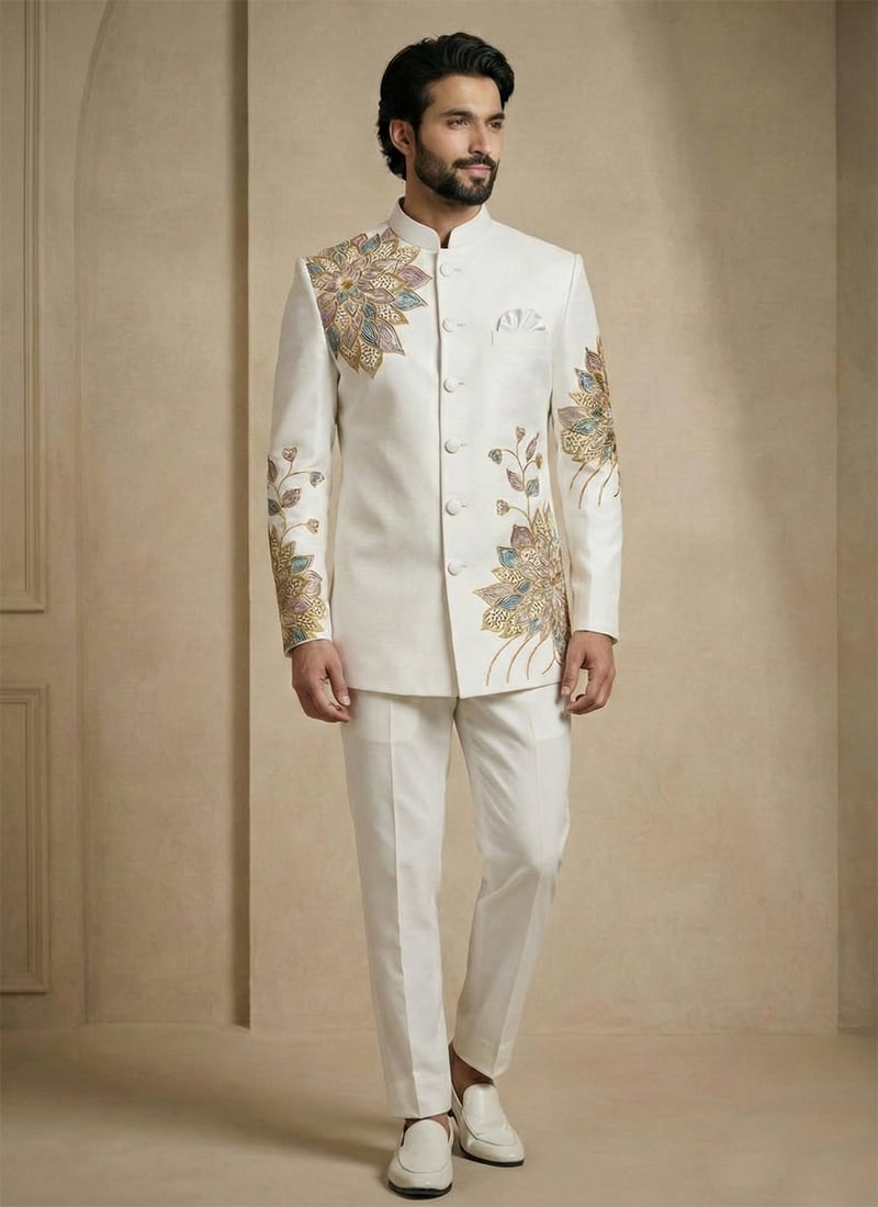 Pearl White Fandy Satin Silk Embroidered Bandhgala Suits Wedding Wear