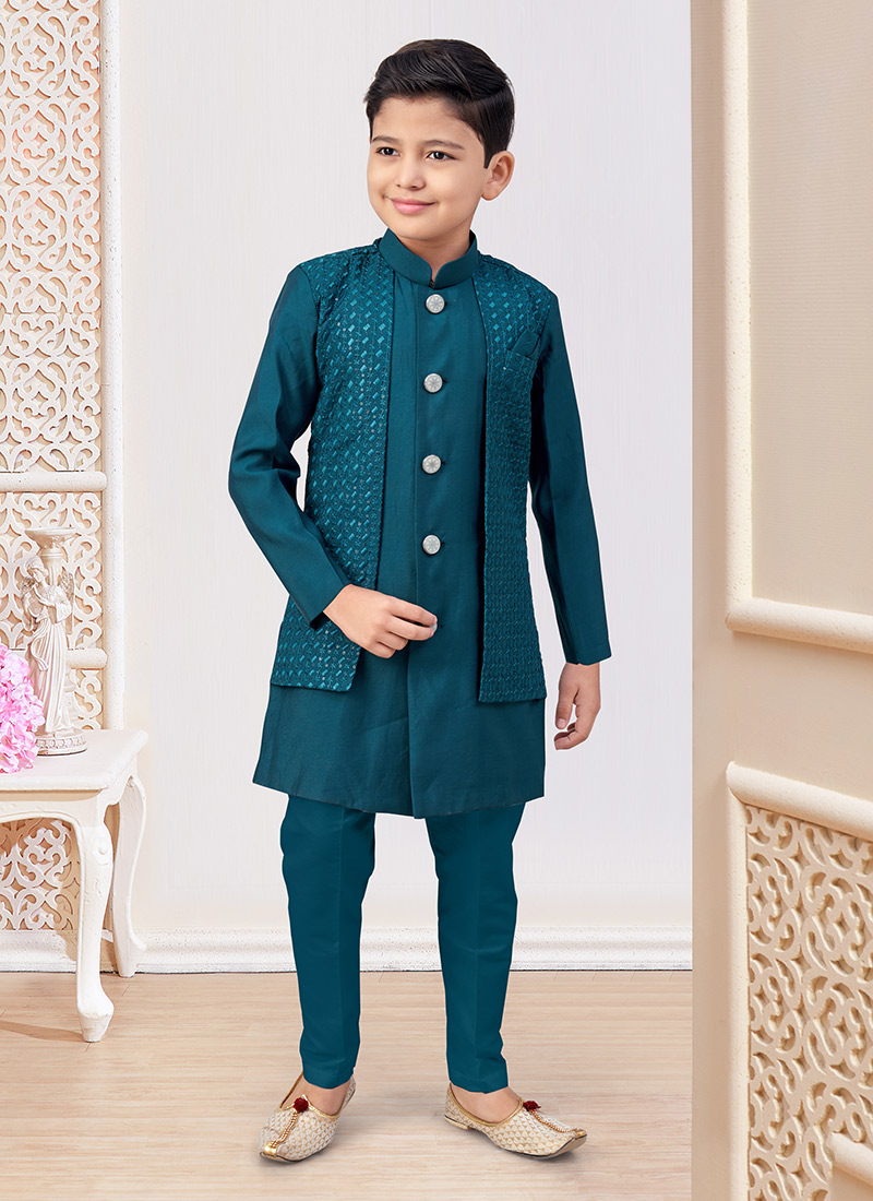 Petrol Blue Embroidered Sequins Boys Indowestern Sherwani  Wedding Wear