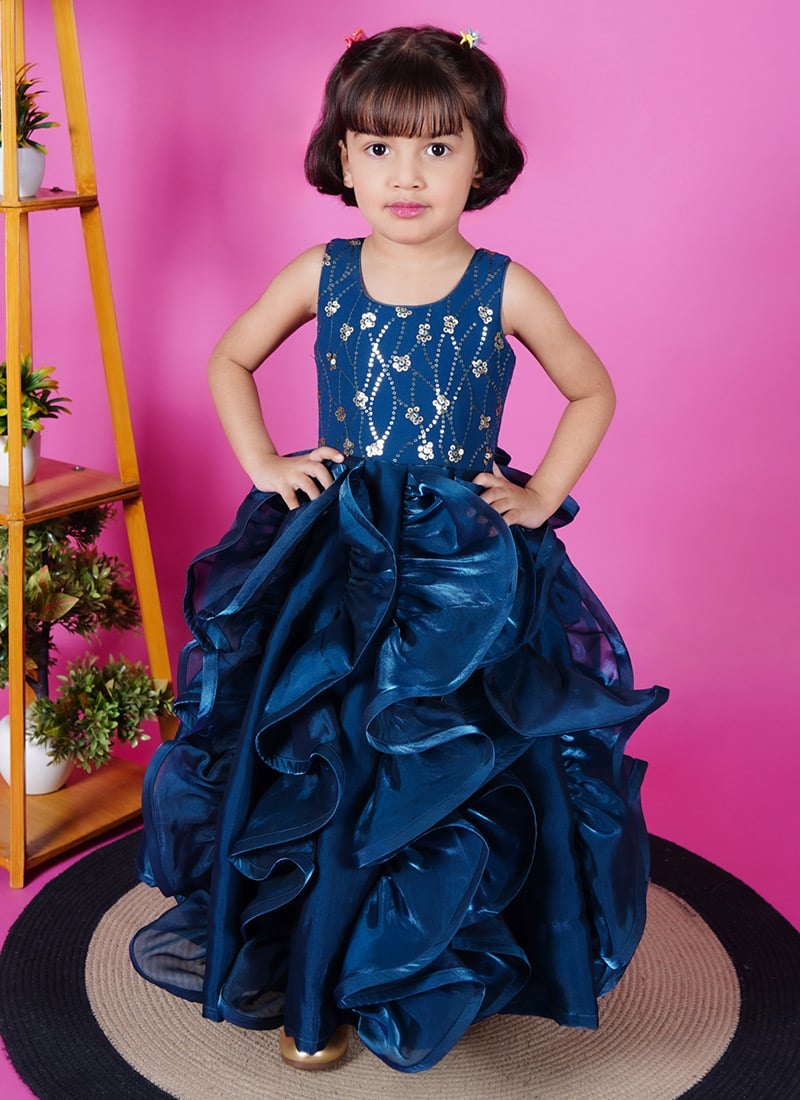 Petrol Blue Organza Sequins Kids Girls Gown Wedding Wear