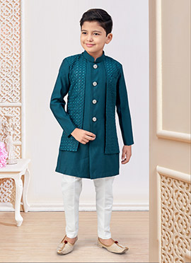 Petrol Blue Silk Embroidered Sequins Boys Indowestern Sherwani