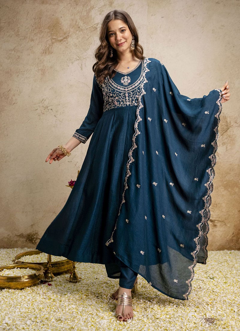 Petrol Blue Vichitra Silk Embroidered Straight Pant Suit Festive Wear