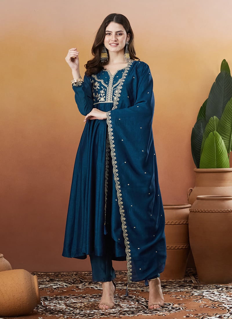 Petrol Blue Vichitra Silk Zari Sequin Embroidered Straight Pant Suit After Six Wear