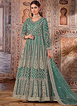 Pine Green Net Embroidered N Sequins Anarkali Suit
