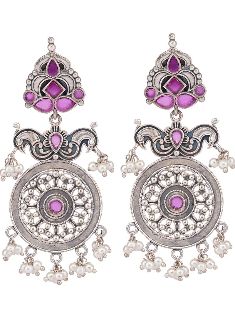 Pink Alloy Stone Work Danglers Party Wear