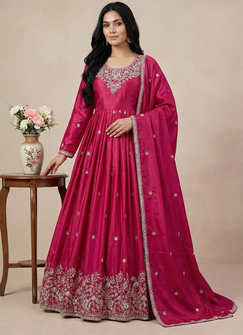 Pink American Silk Embroidered Sequin Anarkali Suit Festive Wear