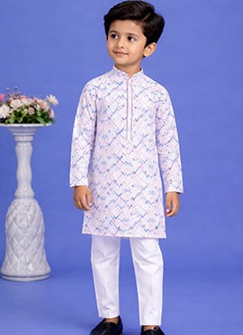 Pink and Blue Cotton Printed Kurta Pyjama Set