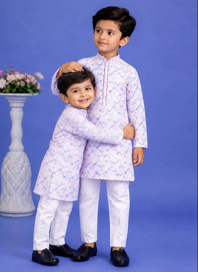 Pink and Blue Cotton Printed Kurta Pyjama Set