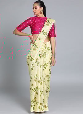 Pink and Yellow Embroidered High Neck Saree