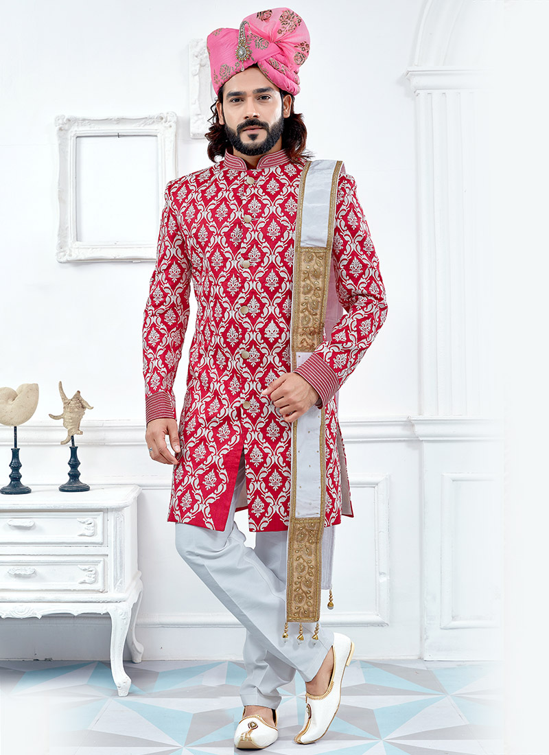 Pink Art Silk Achkan Sherwani-SHMSSMWD3097