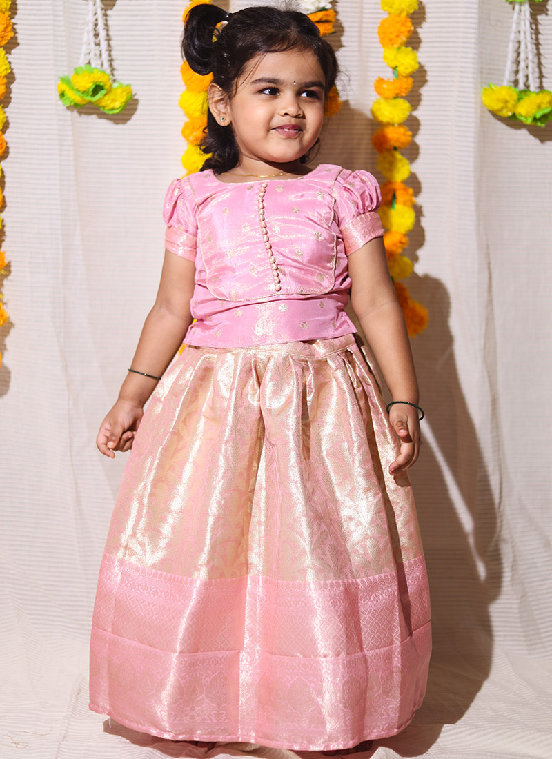 Pink Art Silk Banarasi Kids Girls With Round Neck And Half Sleeve Party Wear