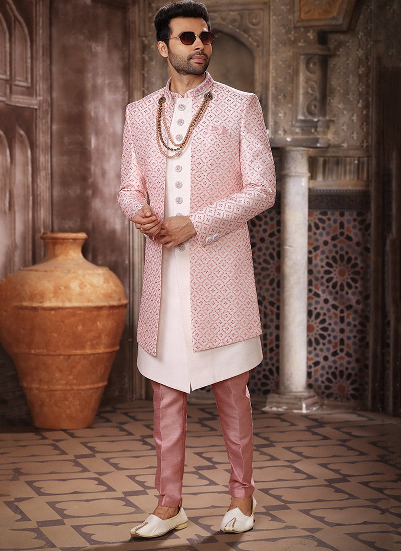 Pink Art Silk Computer Thread Work Indowestern Sherwani Wedding Wear