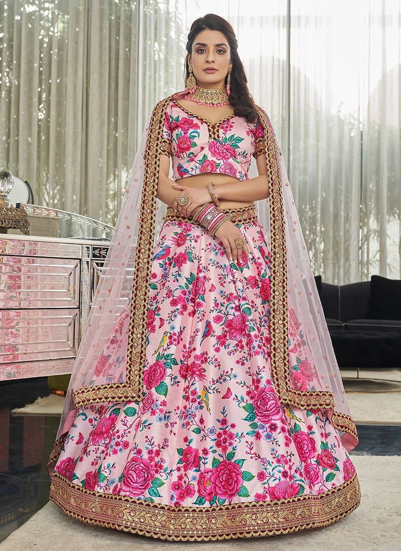 Pink Art Silk Digital Printed Umbrella Lehenga Party Wear