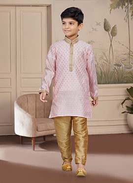 Pink Art Silk Embroidered Kurta Pyjama For Boys