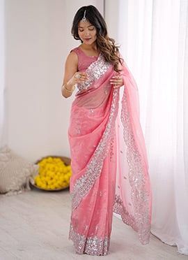 Pink Art Silk Embroidered Sequins Saree