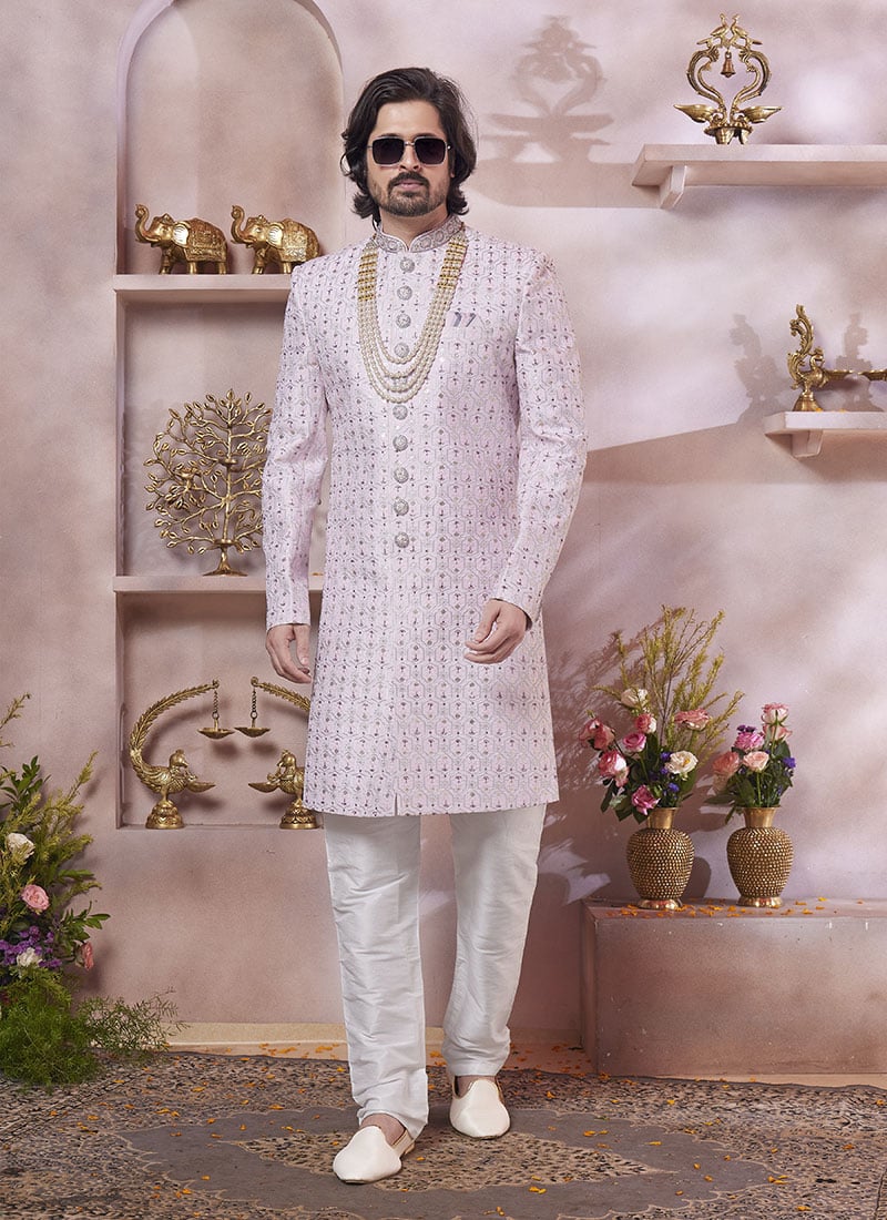 Pink Art Silk Embroidered Sequins Stone Hand Work Indowestern Sherwani Wedding Wear