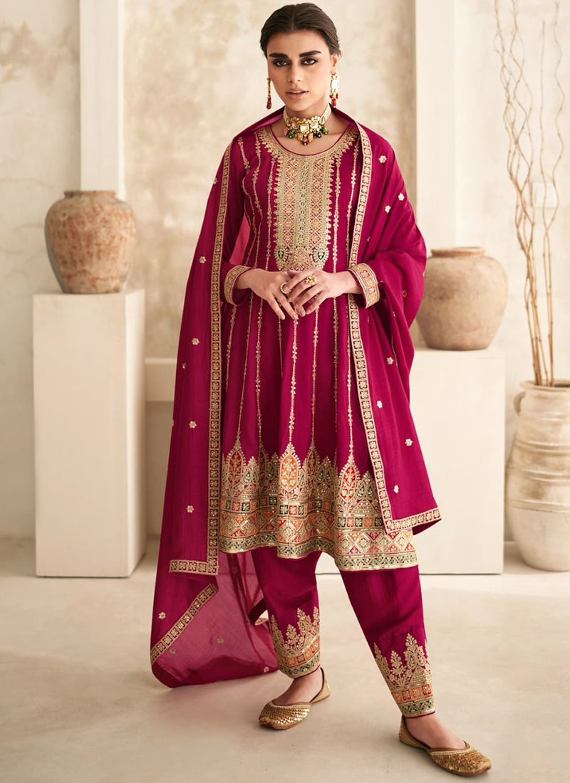 Pink Art Silk Gota Embroidered Straight Pant Suit Party Wear