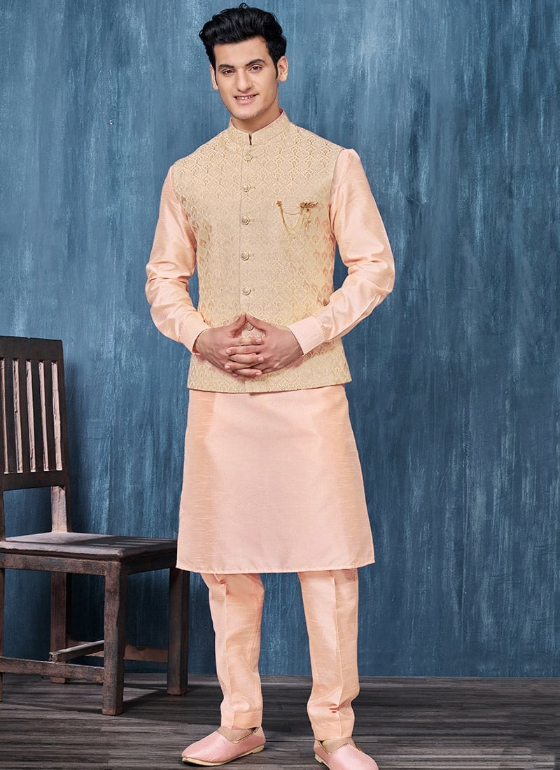 Pink Art Silk Jacquard Bandi Set Party Wear
