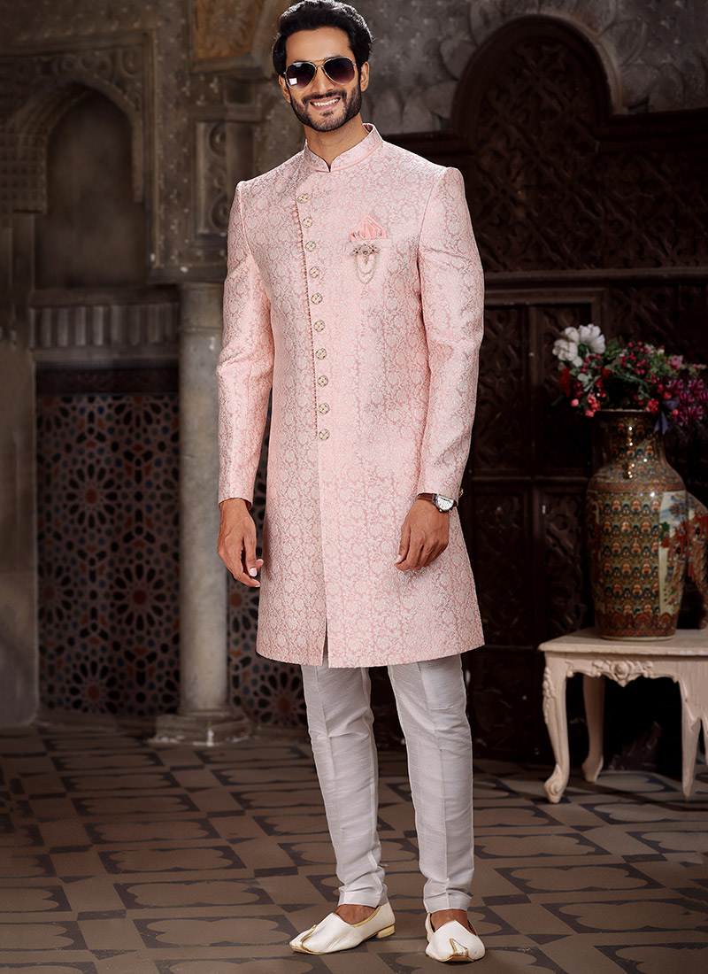 Pink Art Silk Jacquard Indowestern Sherwani Wedding Wear