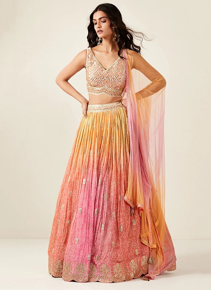 Pink Art Silk Embroidered Bnadhini Print Umbrella Lehenga Party Wear