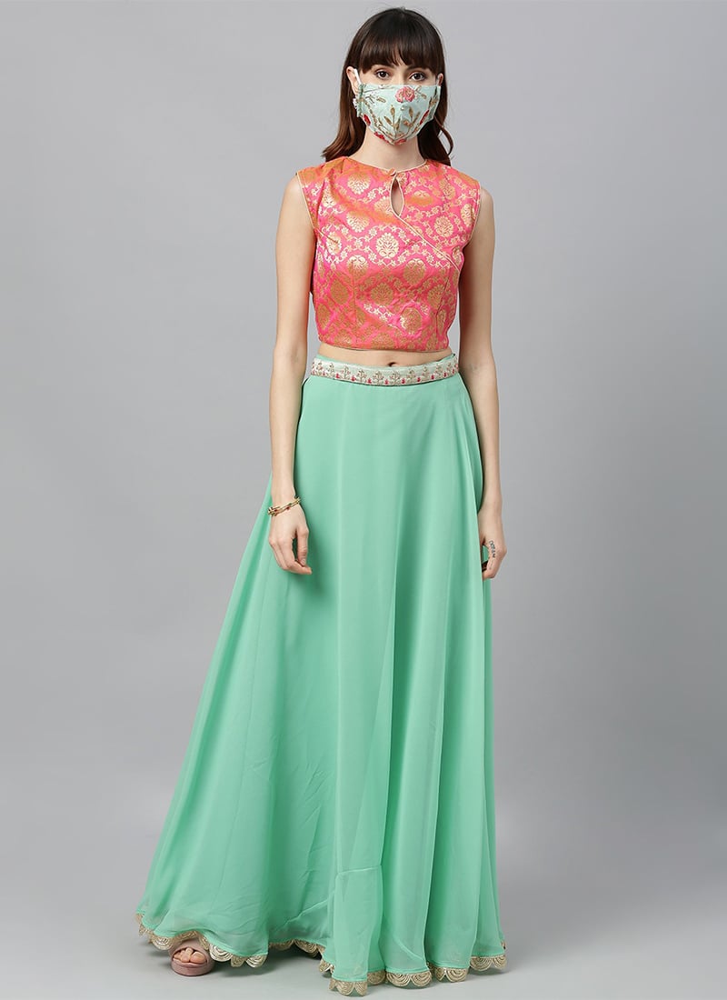 Pink Art Slik Embroidered Crop Top N Skirt Festive Wear