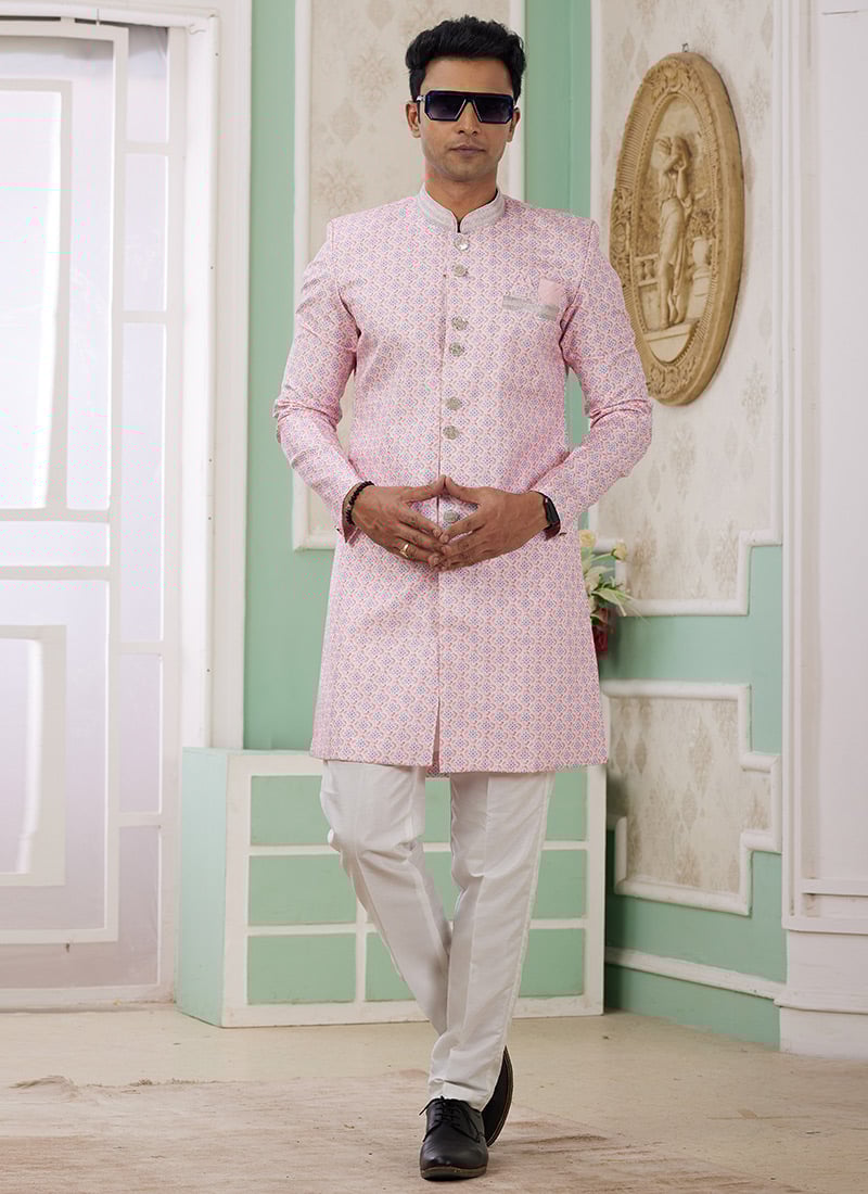 Pink Banarasi Jacquard Digital Print Indowestern Sherwani Festive Wear