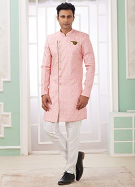 Pink Banarasi Jacquard Digital Print Indowestern Sherwani