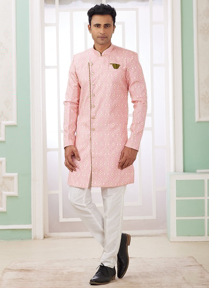Pink Banarasi Jacquard Digital Print Indowestern Sherwani Festive Wear