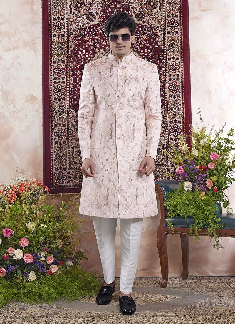 Pink Banarasi Jacquard Indowestern Sherwani Wedding Wear