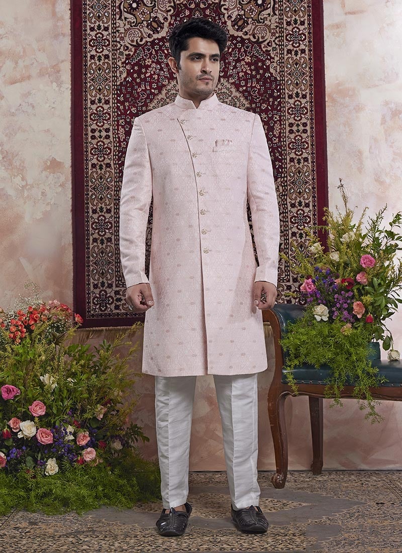 Pink Banarasi Jacquard Indowestern Sherwani Wedding Wear