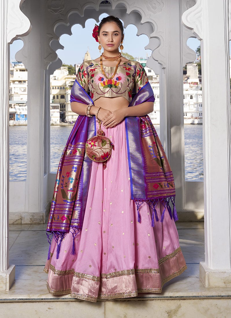 Pink Banarasi Jacquard Silk Zari Work Lehenga Festive Wear