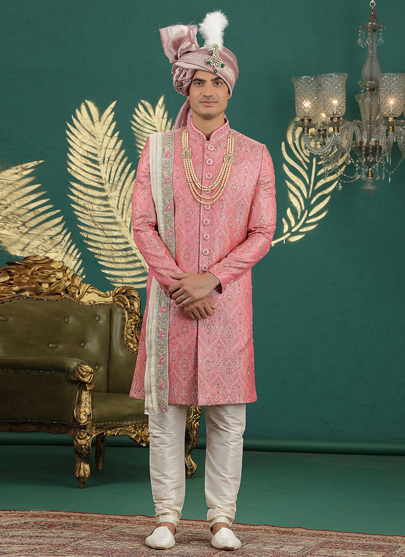 Pink Banarasi Jacquard Stones Embroidered Sequins Zari Beads Hand Embroidered Indowestern Sherwani Wedding Wear