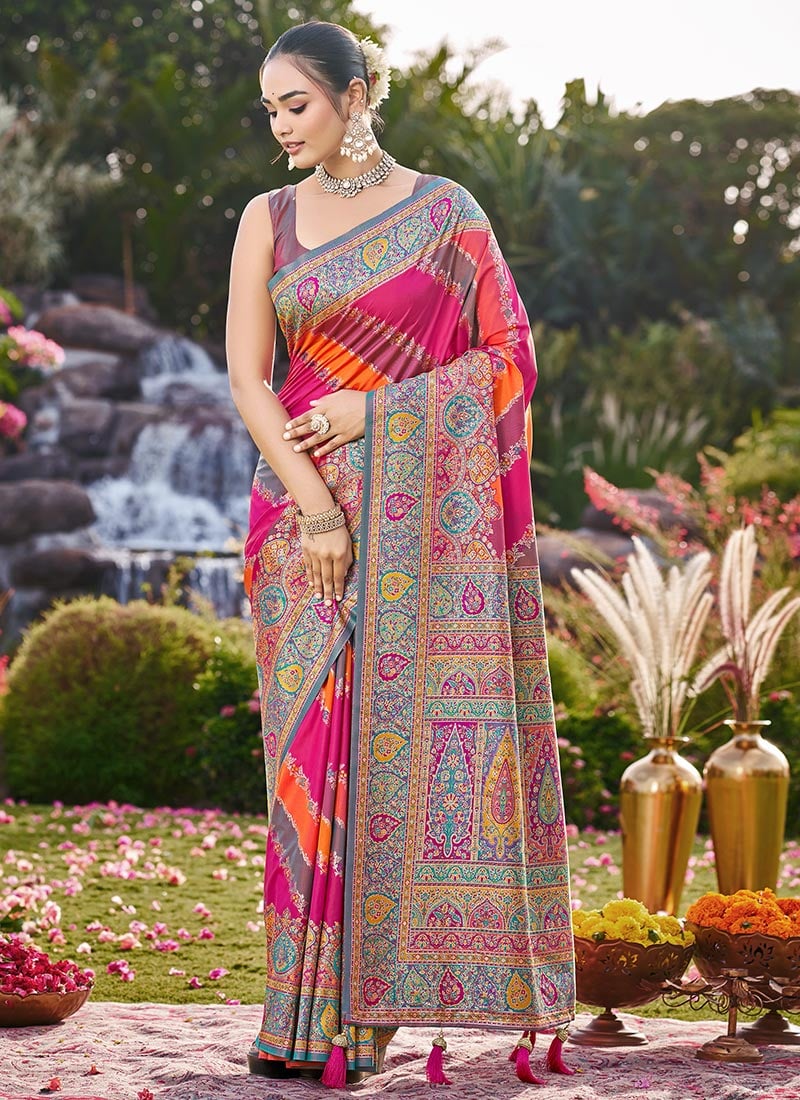 Pink Banarasi Satin Silk Zari Woven Saree Festive Wear