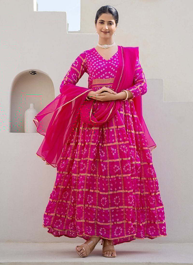 Pink Banarasi Silk Bandhini And Zari Anarkali Suit