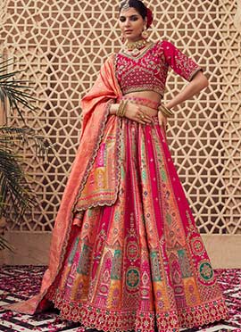 Pink Banarasi Silk Cutdana Zarkan Stones Umbrella Lehenga