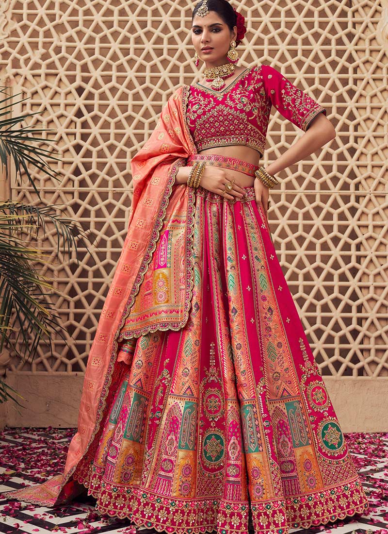 Pink Banarasi Silk Cutdana Zarkan Stones Umbrella Lehenga Wedding Wear