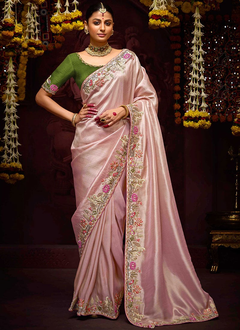 Pink Banarasi Silk Embroidered And Sequins Beads Thread Work Saree Wedding Wear