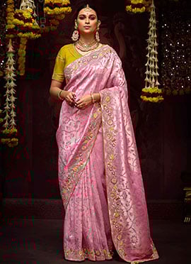 Pink Banarasi Silk Embroidered And Sequins Beads Thread Work Saree