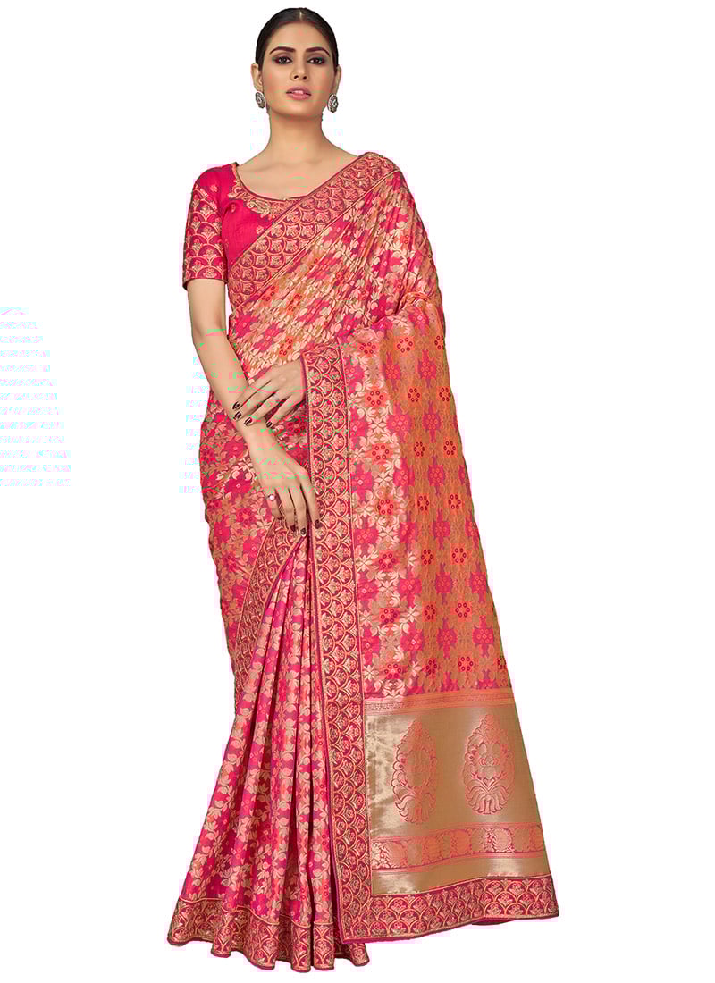 Pink Banarasi Silk Embroidered Classy Saree Festive Wear