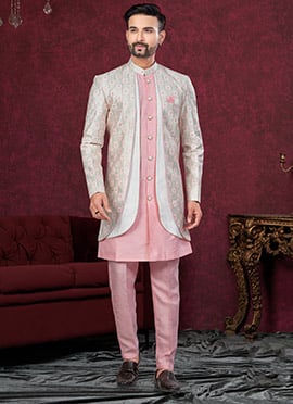 Pink Banarasi Silk Embroidered Sequins Indowestern Sherwani