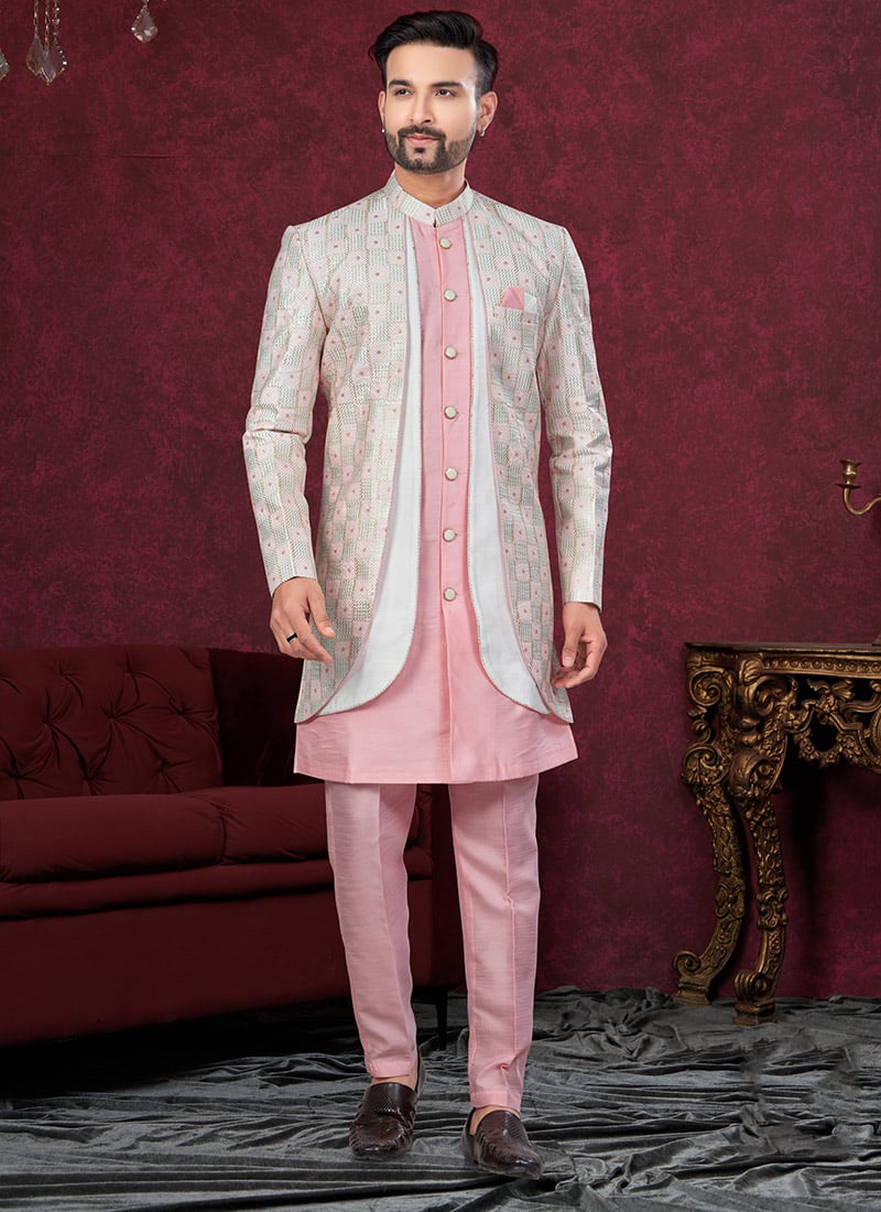 Pink Banarasi Silk Embroidered Sequins Indowestern Sherwani Wedding Wear