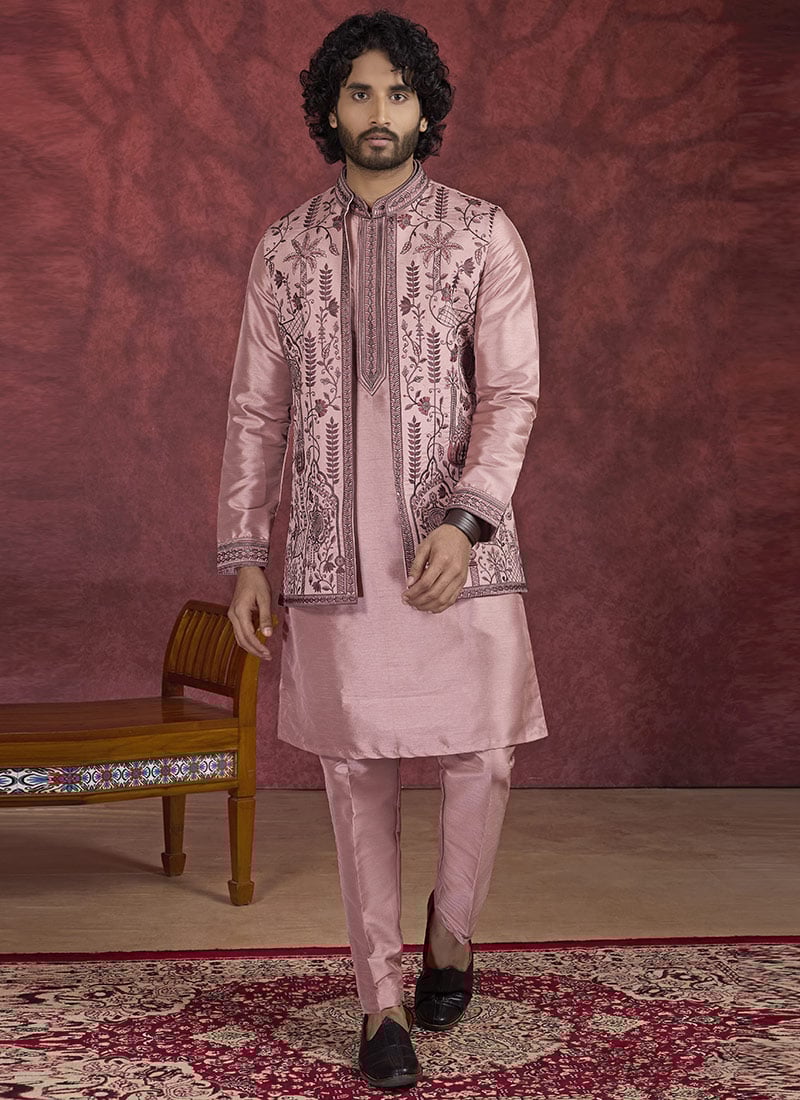 Pink Banarasi Silk Embroidered Sequins Thread Bandi Set Festive Wear