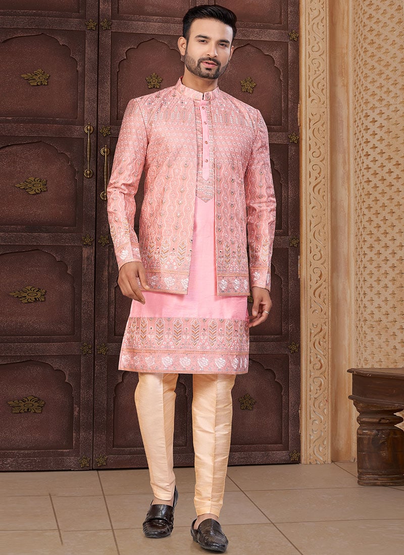 Pink Banarasi Silk Embroidered Sequins Thread Indowestern Sherwani Festive Wear