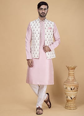 Pink Banarasi Silk Embroidery Work Jacket Bandi Set
