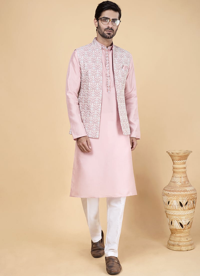 Pink Banarasi Silk Embroidery Work Jacket Bandi Set Festive Wear
