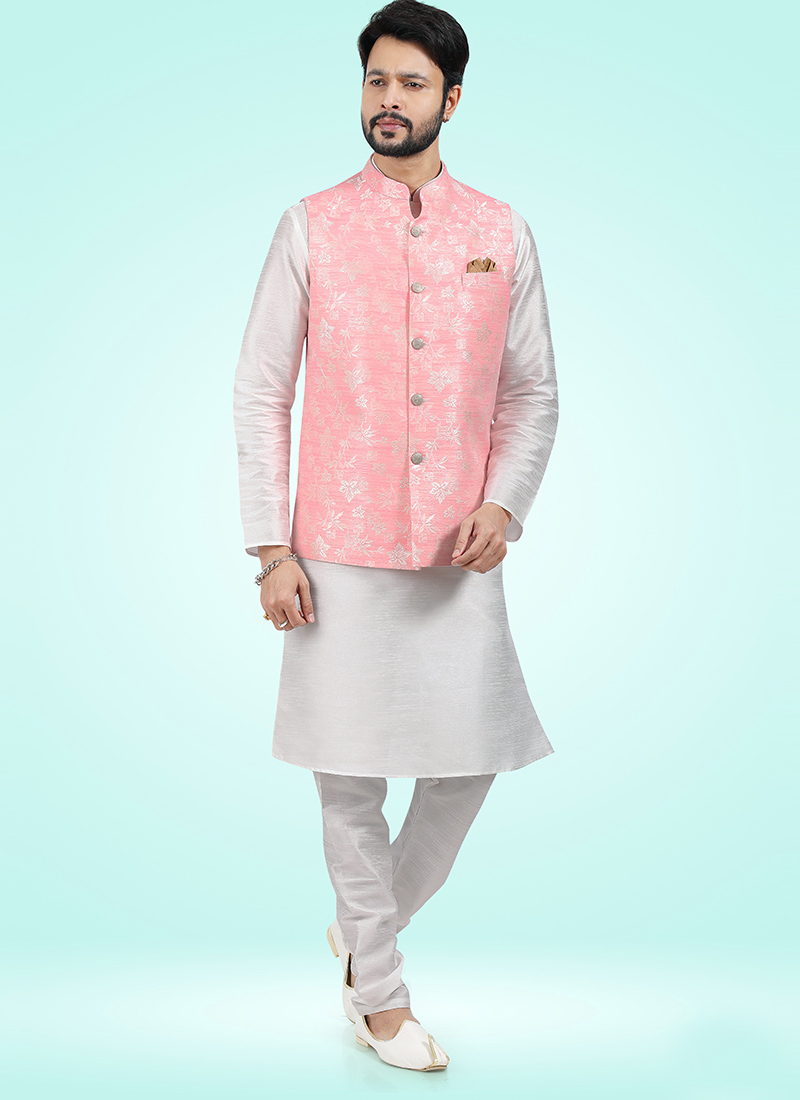 Pink Banarasi Silk Jacquard Bandi Set Party Wear