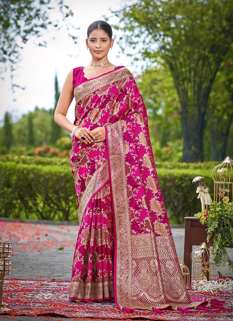 Pink Banarasi Silk Jacquard Benarasi Saree Festive Wear