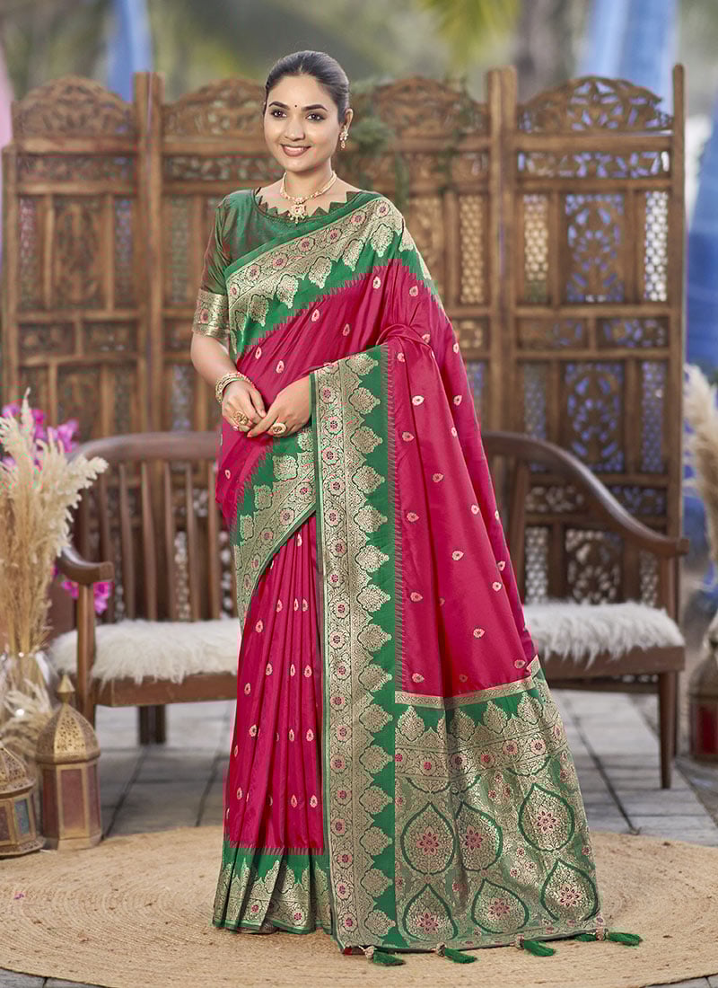 Pink Banarasi Silk Jacquard Woven Saree Festive Wear